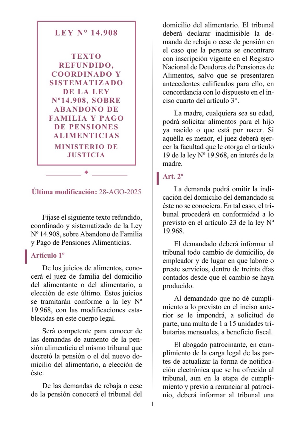Página interior en dos columnas — Ley N° 14.908